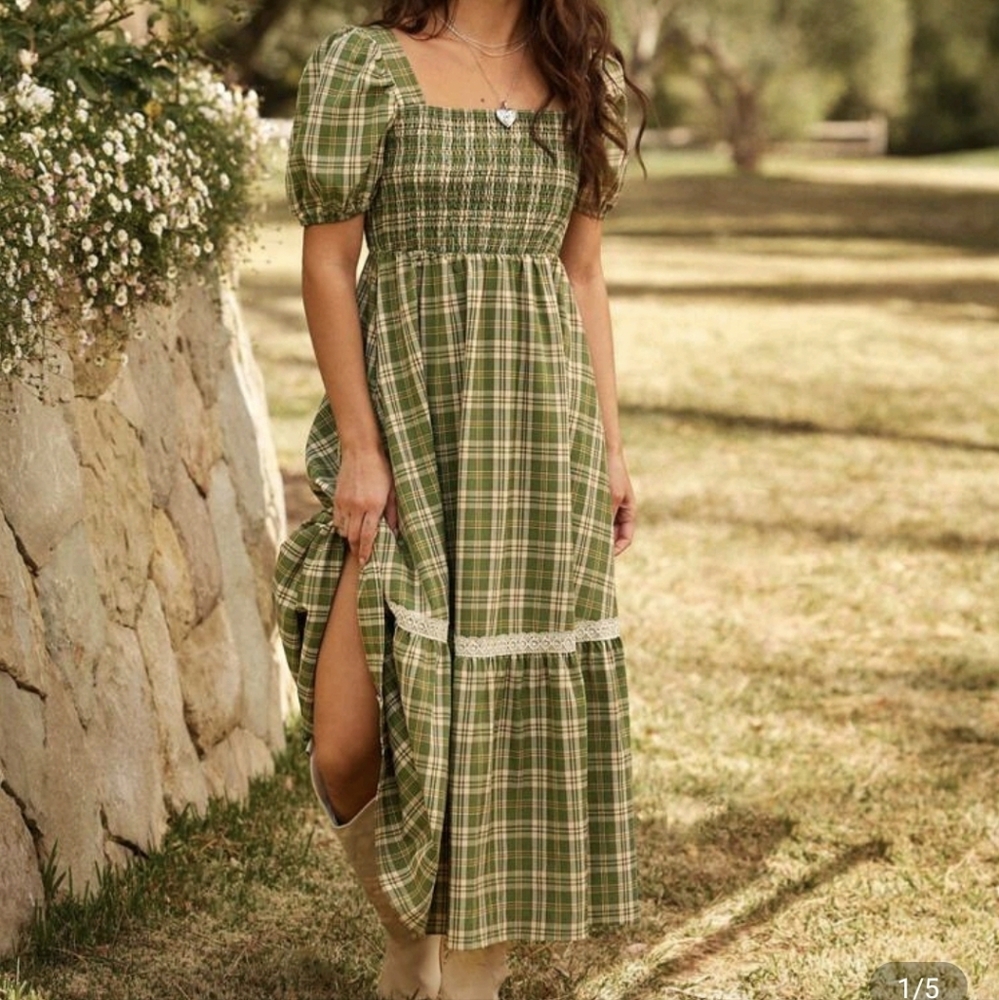 Westfade Western Plaid Smocked Square Neck Short Puff Sleeve Crochet Trim Midi D